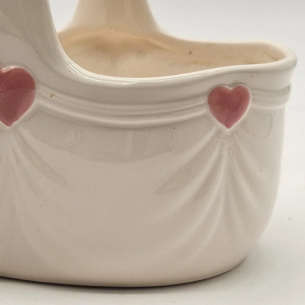 Vintage 1985 FTDA Ceramic Heart Basket Planter White Pink Japan Cottagecore Chic